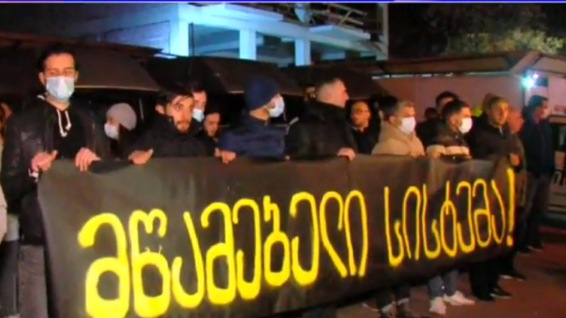 Гражданские активисты и родители подростков с инвалидностью проводят митинг перед зданием МВД Грузии